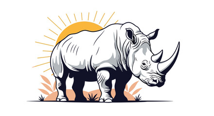 Detailed illustration of a large rhinoceros standing firmly with a stylized rising sun behind it on a white background. © Mr