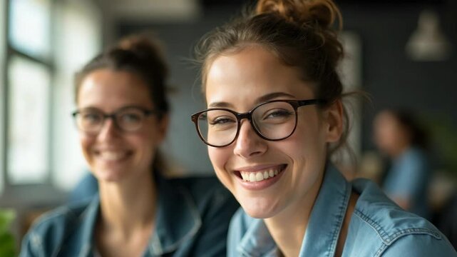 Two young women wearing glasses and denim jackets are sitting together indoors, working or studying by the window. The setting is casual and modern, with a bright, relaxed atmosphere.