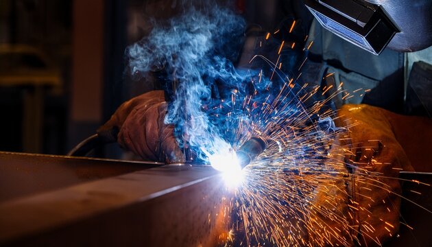 welding process with sparks and fumes welder at work