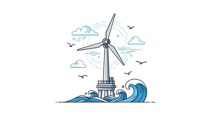 Modern illustration of an offshore wind turbine standing amidst ocean waves with birds flying and a sun in the background. © Mr
