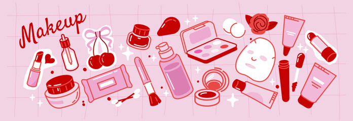 Fototapeta premium Makeup and skincare items illustration collection in flat, doodle style. Lipstick, serum, cream jars, an eyeshadow palette, face mask, tubes set. Concept of beauty routine, cosmetics, and self-care.
