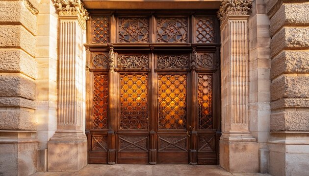 a large door stands at the entrance of a building with intricate designs the glass windows have a warm orange glow the structure is made of stone showing detailed work around the door frame