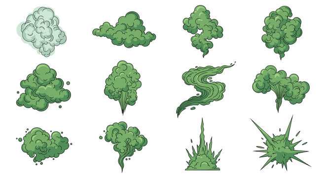Various green smoke clouds, toxic gas plumes, and stylized explosion effects presented in a detailed illustrative style.