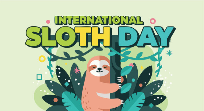 Smiling sloth in colorful tropical leaves with vibrant flowers and plants in bright playful lighting for International Sloth Day celebration