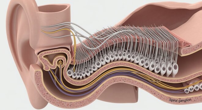 Detailed Cross-Section of Human Ear Anatomy Showing External, Middle, and Inner Ear Structures.