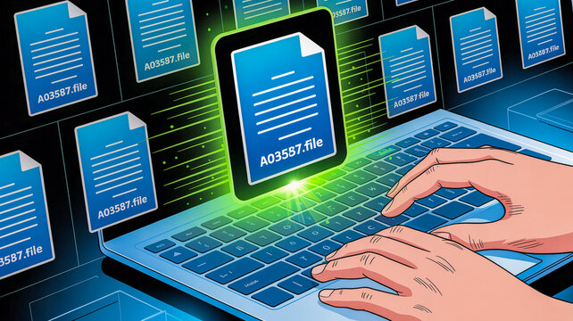 Digital Data Stream: The image illustrates a data stream concept, displaying a laptop with hands typing and document file icons, signifying digital processing. 