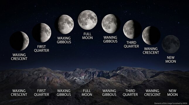 Phases of the moon cycle shown against a starry night sky over mountains