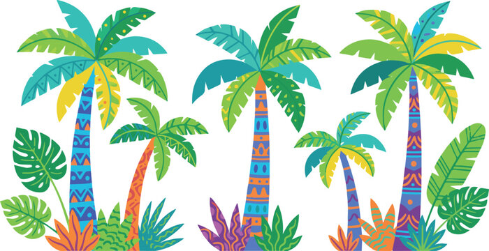 Generated on Palm trees with tropical leaves in cartoon style. Bright jungle trees with pattern vector art on white background