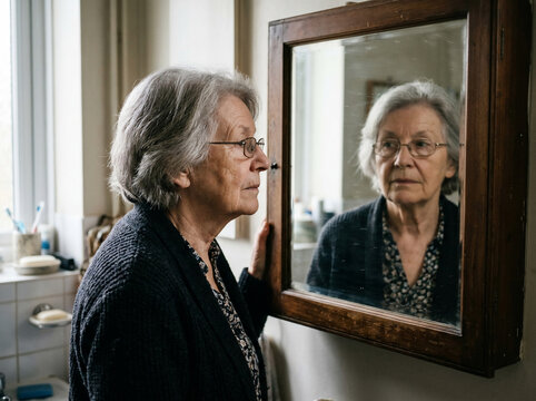 Elderly Woman Looks into a Wooden Framed Medicine Cabinet Mirror in a Bathroom Reflecting on Her Appearance