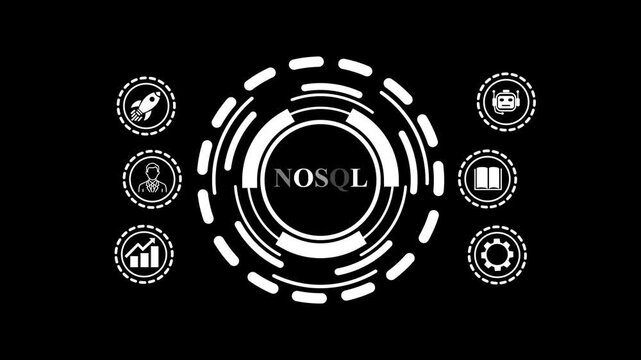 NOSQL concept motion graphic with business icons. Animated digital interface showcasing simplify concept with business iconography and data growth elements in glowing style.4k animation 4k motion