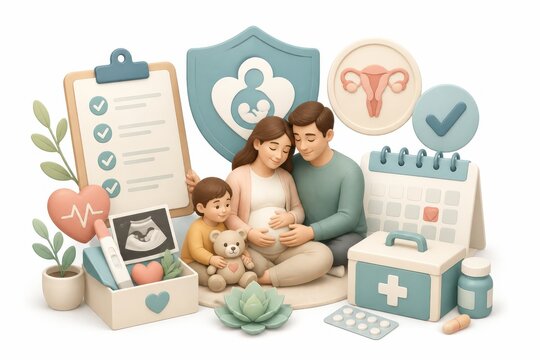 Pregnant family with maternity healthcare icons in a soft pastel 3D illustration with copy space