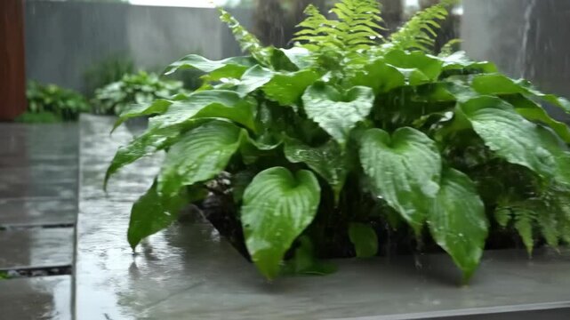 Lush green plants bordering a tranquil reflecting pool under a gentle waterfall in a modern garden