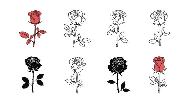 Set of eight single rose flower illustrations in various styles, including colored, outline, and silhouette designs.