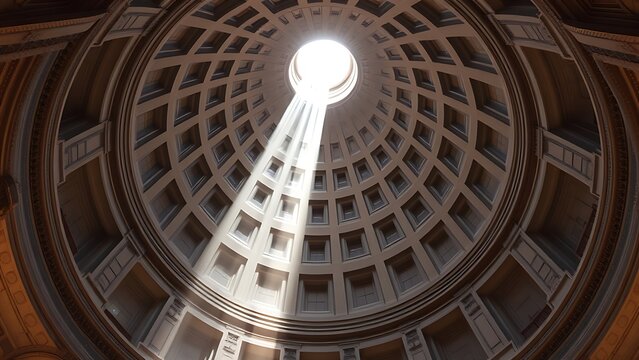 discordant. Interior of a cathedral dome with a single beam of sunlight from above. real-estate listings.