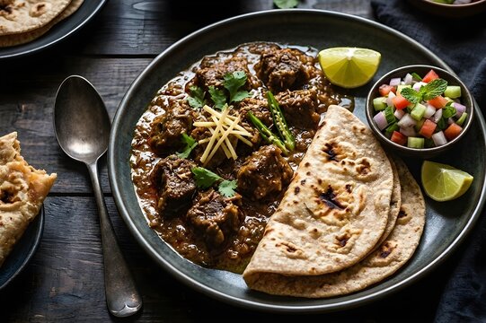 beef salan with roti and salad in plate