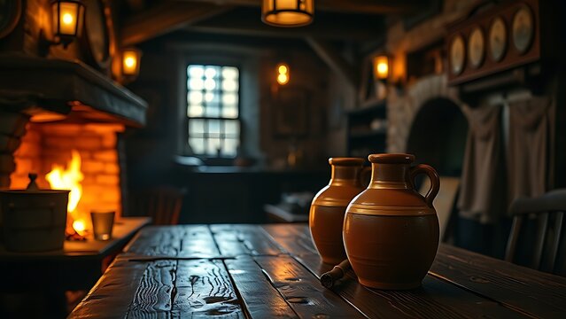 flagons. Medieval-style tavern interior with firelight glowing on terracotta flagons of ale. bar promotions, beverage menus, designed for food & beverage menus and cafe branding.