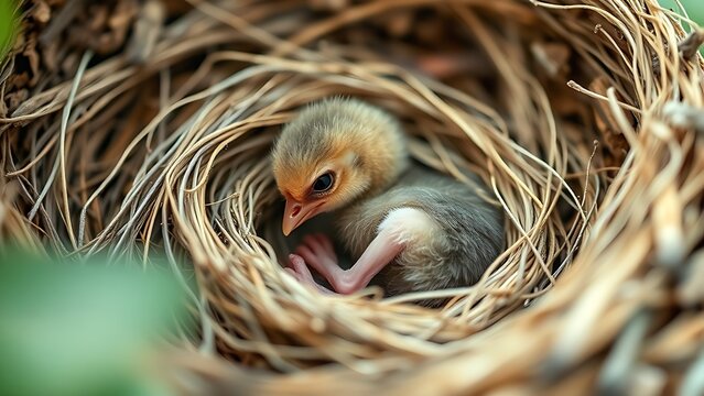 featherless. A featherless newborn hatchling curled in an empty nest, soft natural light. wildlife magazines, conservation campaigns, designed for wildlife conservation campaigns.