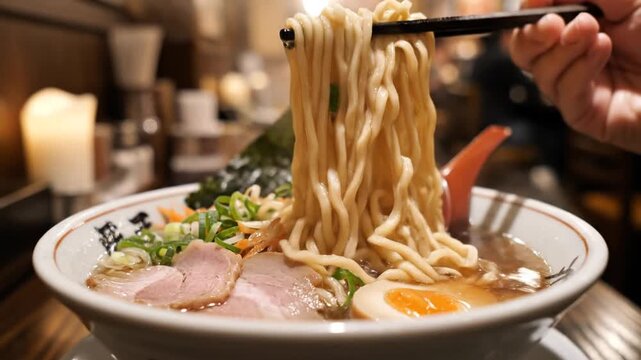 Deliciously authentic Japanese ramen bowl being lifted with chopsticks showcasing noodles, broth, pork, egg, and seaweed for a culinary experience