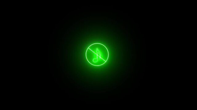 green neon glowing no sound icon animation, disable play button icon on black background.
