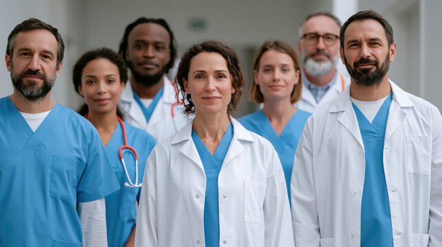 Diverse medical team posing confidently in a modern clinic hallway