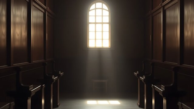 kneeler. The interior of an empty confessional booth with soft light entering through a wooden lattice. event programs, museum guides, designed for cultural heritage projects and event programs.