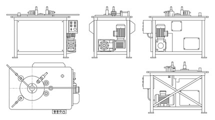 Obraz premium Rebar bending machine technical drawing blueprint with front side back and top views CAD line art vector illustration