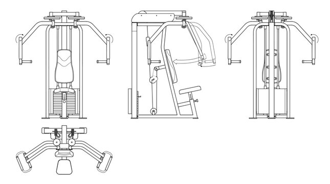 Rear delt machine technical drawing blueprint with front side back and top views CAD line art vector illustration
