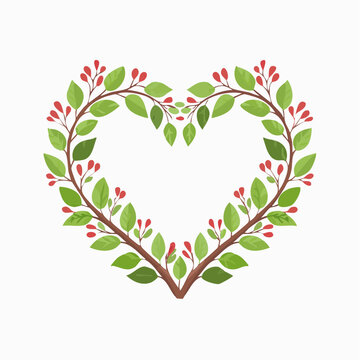 Heart-shaped wreath of green leaves and red berries