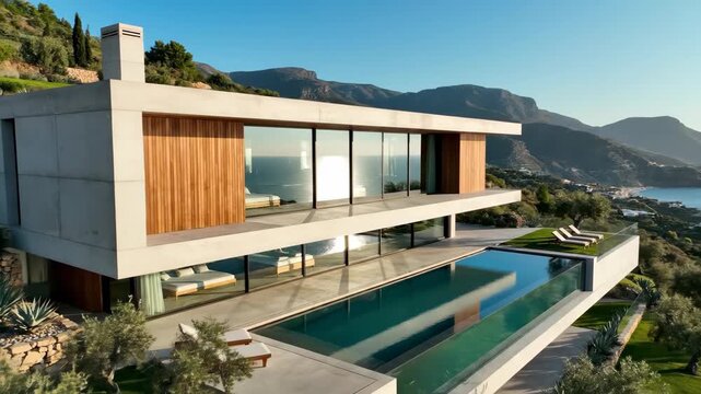 Modern cliffside villa with glass walls and an infinity pool, overlooking scenic coastline and hills