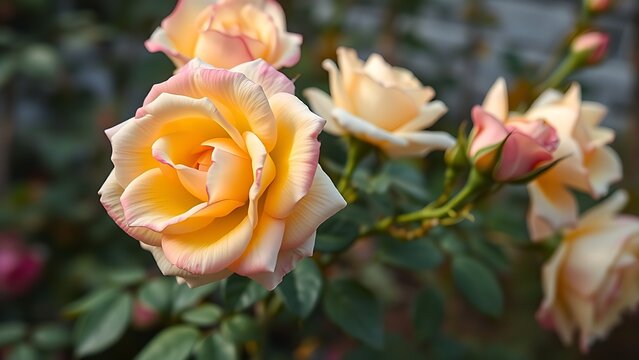cambium. Rose bush with blossoms in pink, yellow, and cream gradients. gardening catalogs, home-decor guides, designed for home decor and floral branding, used by fitness trainers.