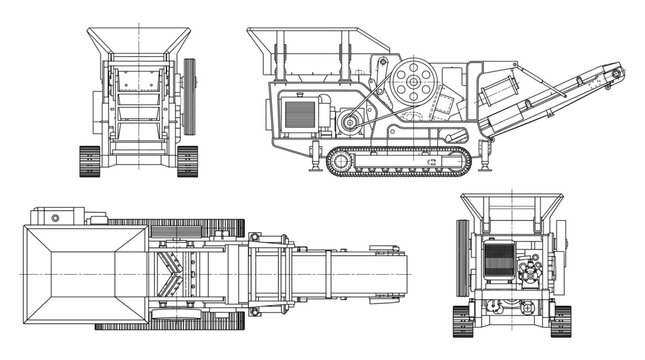 Rock crusher technical drawing blueprint with front side back and top views CAD line art vector illustration