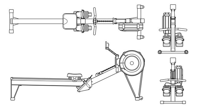 Rowing machine technical drawing blueprint with front side back and top views CAD line art vector illustration