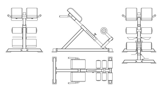 Roman Chair Technical Drawing Blueprint with Front Side Back and Top Views CAD Line Art Vector Illustration