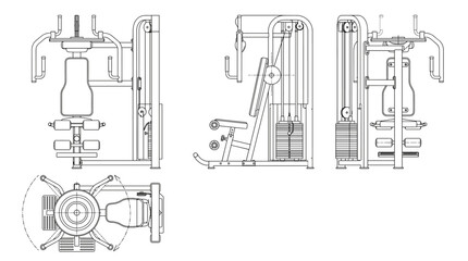 Obraz premium Torso rotation machine technical drawing blueprint with front side back and top views CAD line art vector illustration