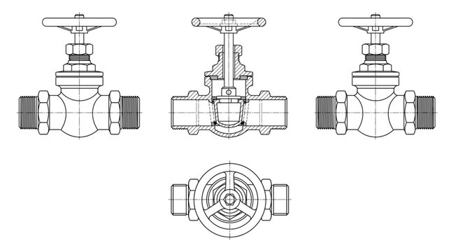 Stop valve technical drawing blueprint with front side back and top views CAD line art vector illustration