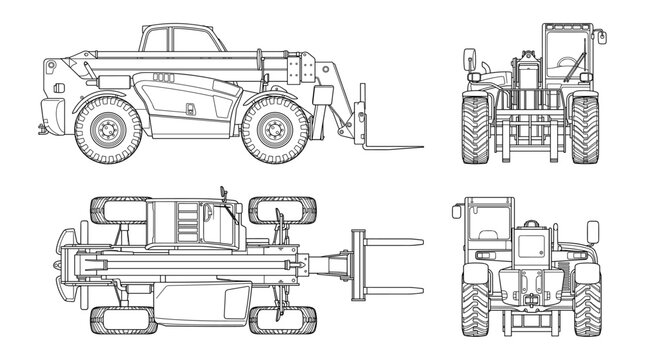 Telehandler machine technical drawing blueprint with front side back and top views CAD line art vector illustration