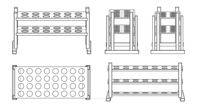 Test tube rack technical drawing blueprint with front side back and top views CAD line art vector illustration