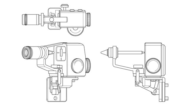 Tonometry device technical drawing blueprint with front side back and top views CAD line art vector illustration