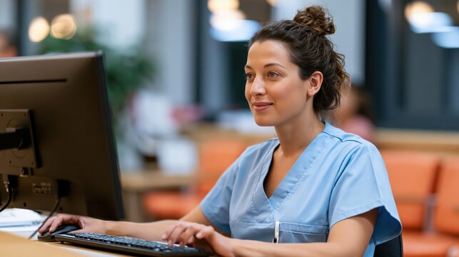 Female healthcare worker in blue scrubs smiles while working at a computer