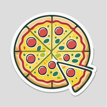 Stylized illustration of a pepperoni pizza with a slice removed