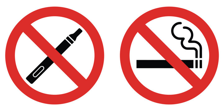 No Smoking and No Electronic Cigarette Prohibition Signs Showing Vape, E-Cigarette, Cigarette, and Forbidden Symbols
