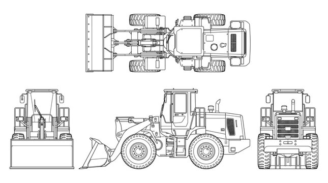 Wheel loader technical drawing blueprint with front side back and top views CAD line art vector illustration