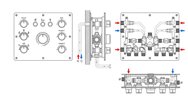 Water control panel technical drawing blueprint with front side back and top views CAD line art vector illustration