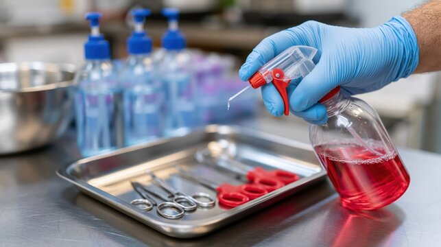 Gloved hand spraying disinfectant onto medical instruments in a sterile tray