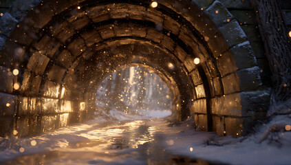 Naklejka premium A tunnel made of round stone arches in the park