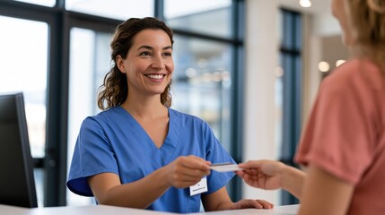 Naklejka premium Smiling nurse in blue scrubs hands an ID card to a patient at the reception desk