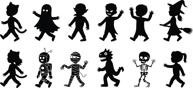Halloween children silhouettes in costumes walking, spooky cat ghost vampire witch mummy skeleton robot monster festive vector design