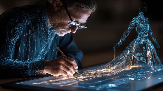 Fashion designer sketching dress, holographic fabric texture overlay, digital fashion design concept 