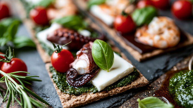 Gourmet crostini topped with octopus cherry tomatoes mozzarella basil leaves, crostini