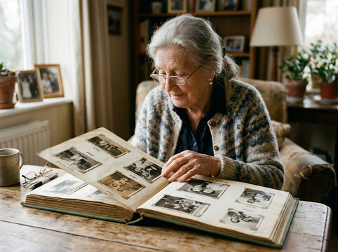 Elderly Woman Reminisces Through Old Family Photo Album